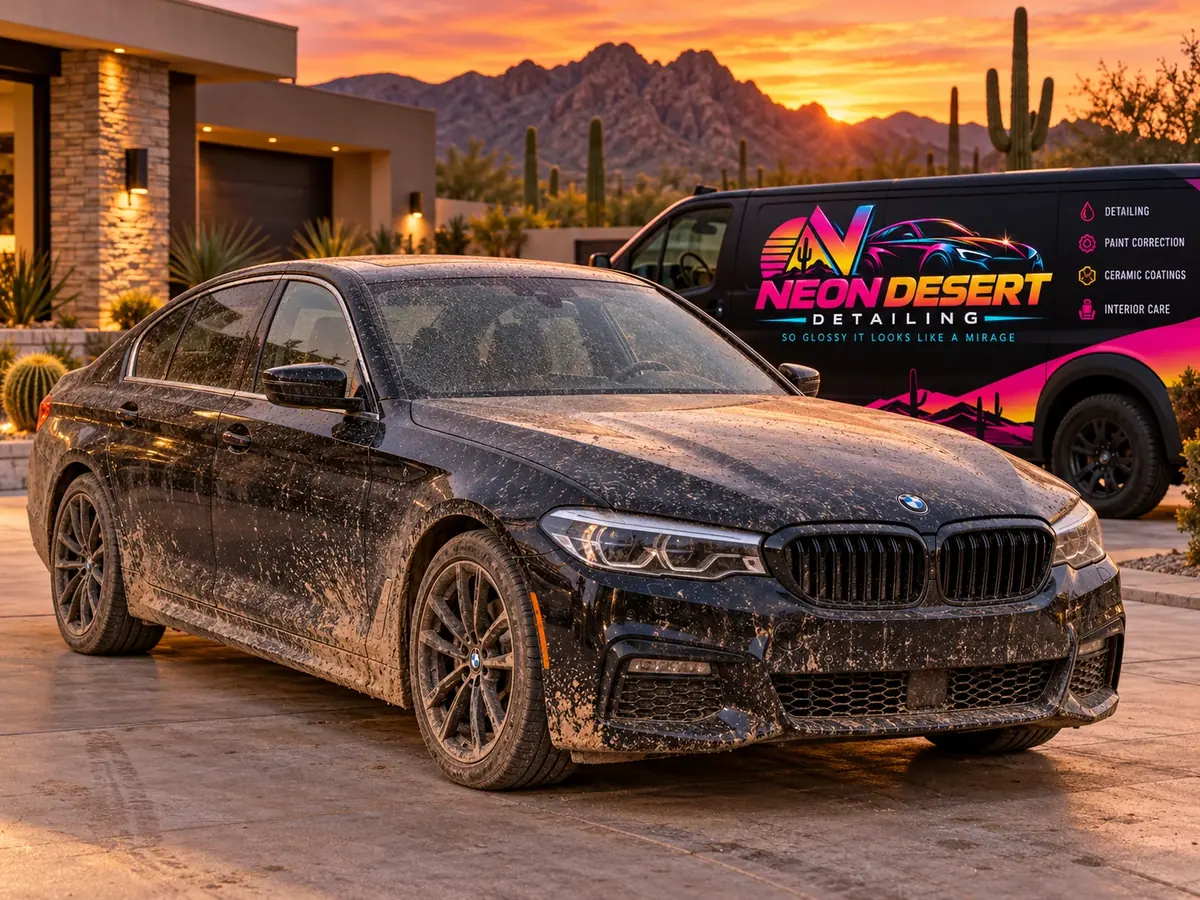 Before: a black BMW 5 Series splattered with dirt, then washed and polished to a mirror finish