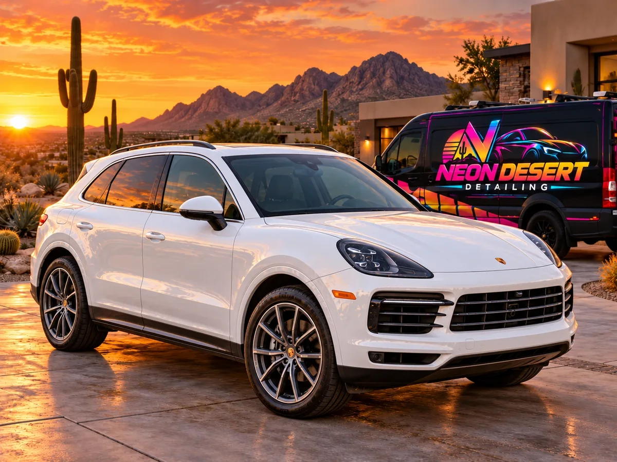 After: a white Porsche Cayenne in a desert driveway, caked in dust and mud, then detailed to a gloss