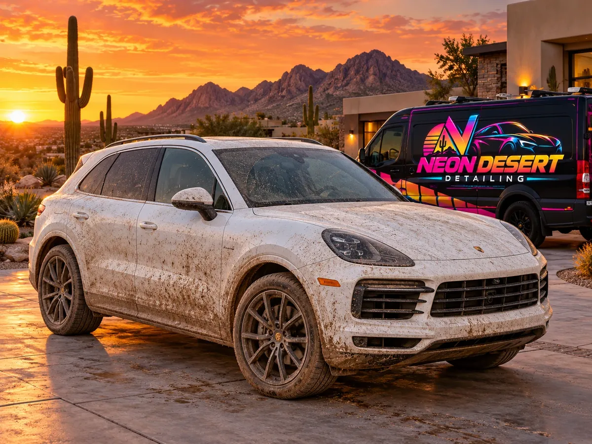 Before: a white Porsche Cayenne in a desert driveway, caked in dust and mud, then detailed to a gloss