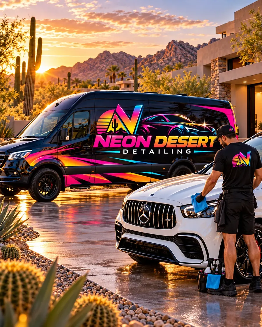 A Neon Desert detailer finishing a white Mercedes SUV on a wet driveway