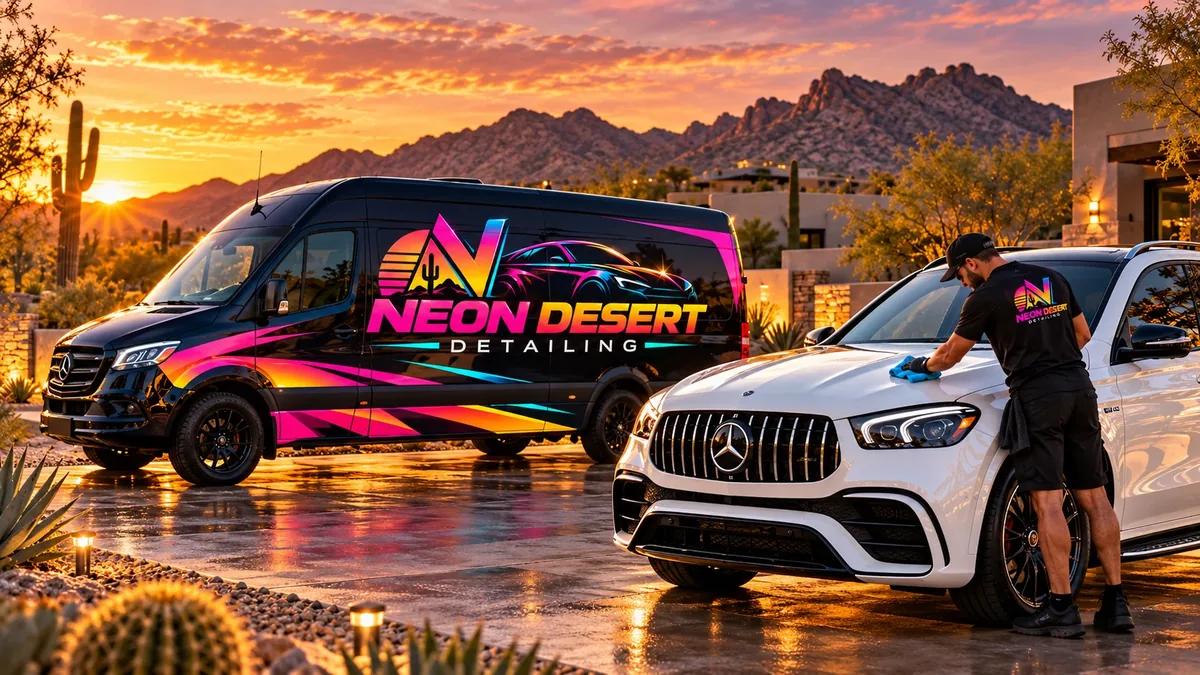 The final wipe-down on a white Mercedes AMG SUV at sunset