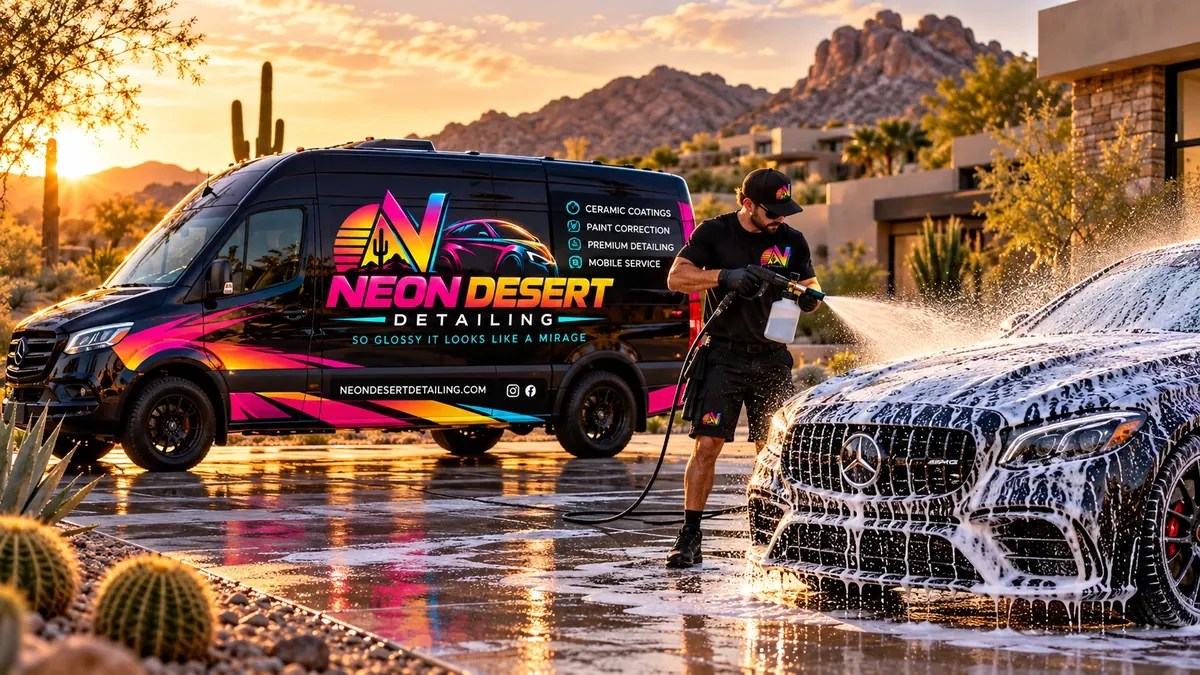 A foam cannon covering a black Mercedes in thick soap beside the Neon Desert van