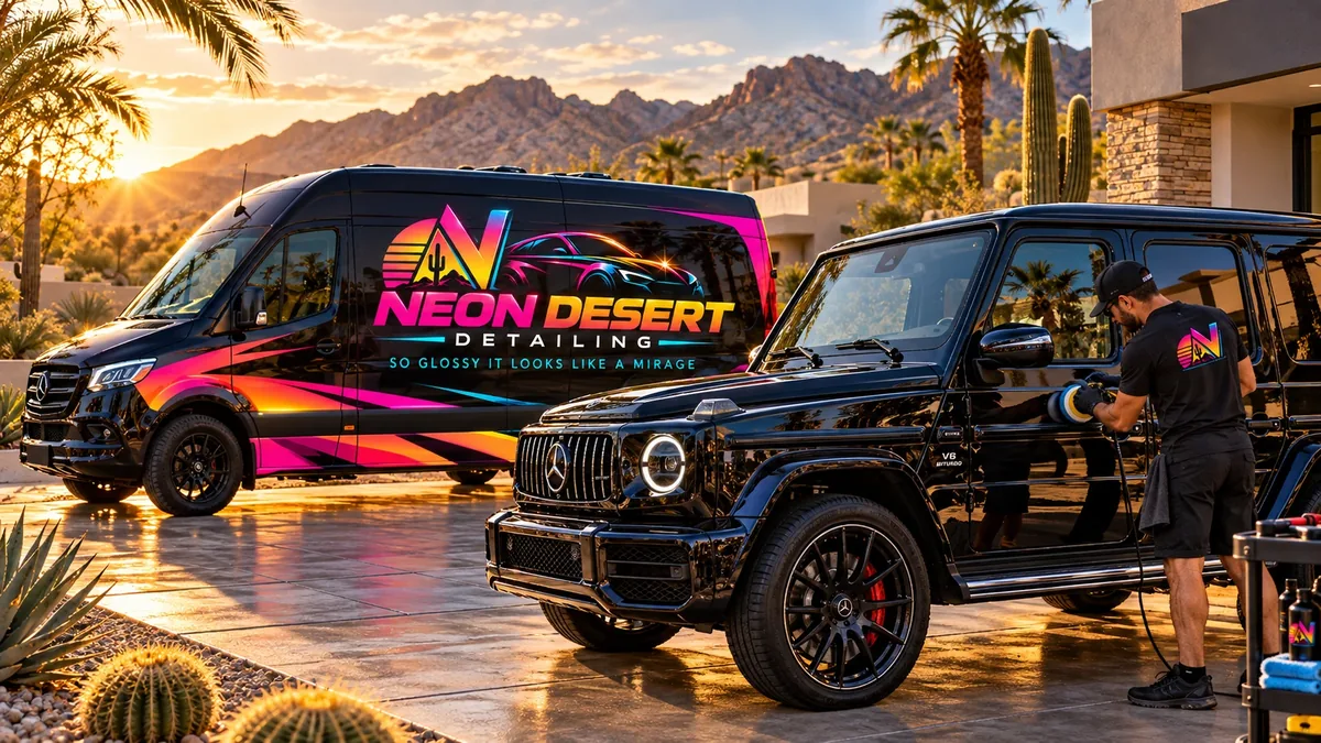 Polishing a gloss-black Mercedes G-Wagon in a Phoenix driveway