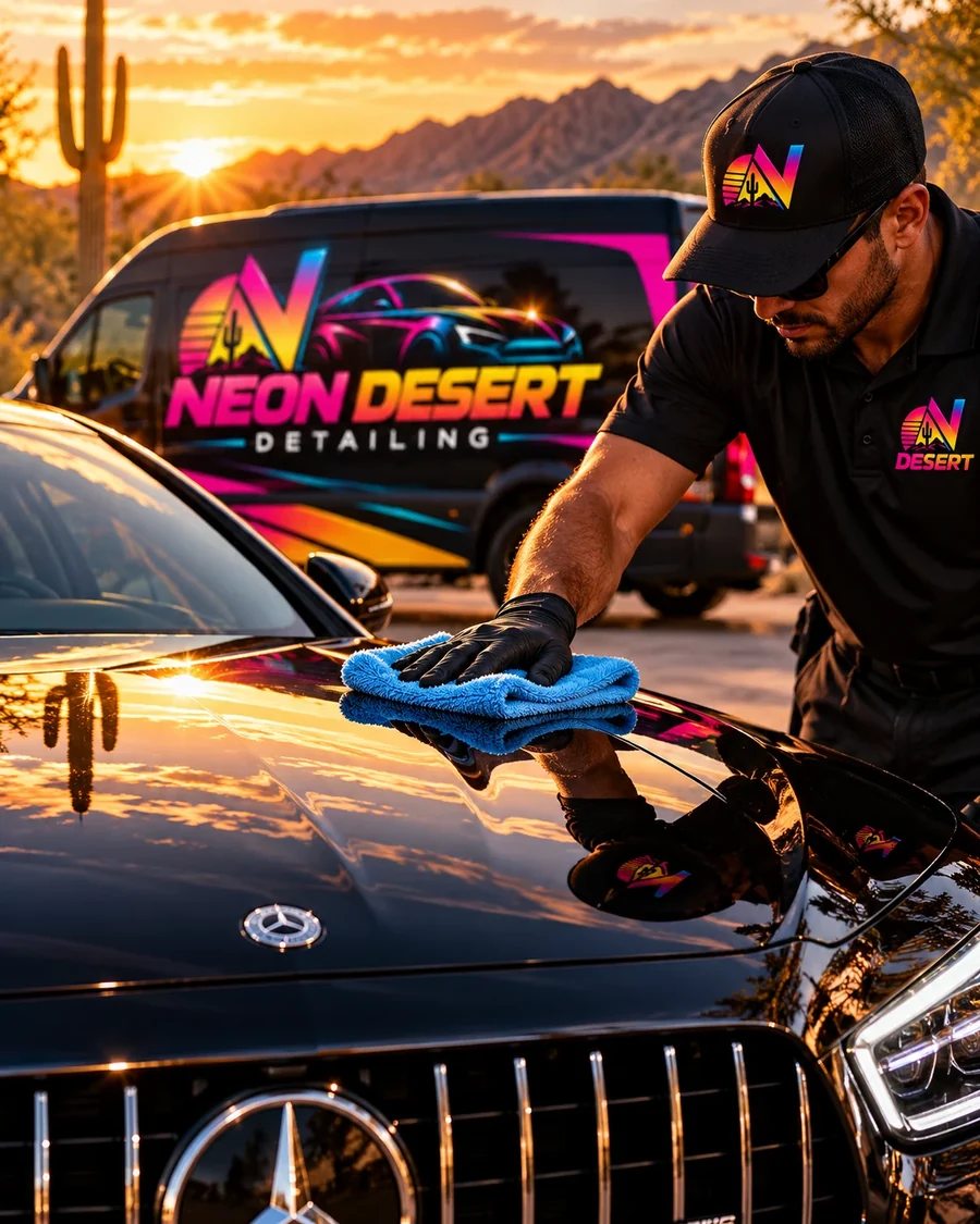 A detailer wiping a mirror-black hood that reflects the desert sunset