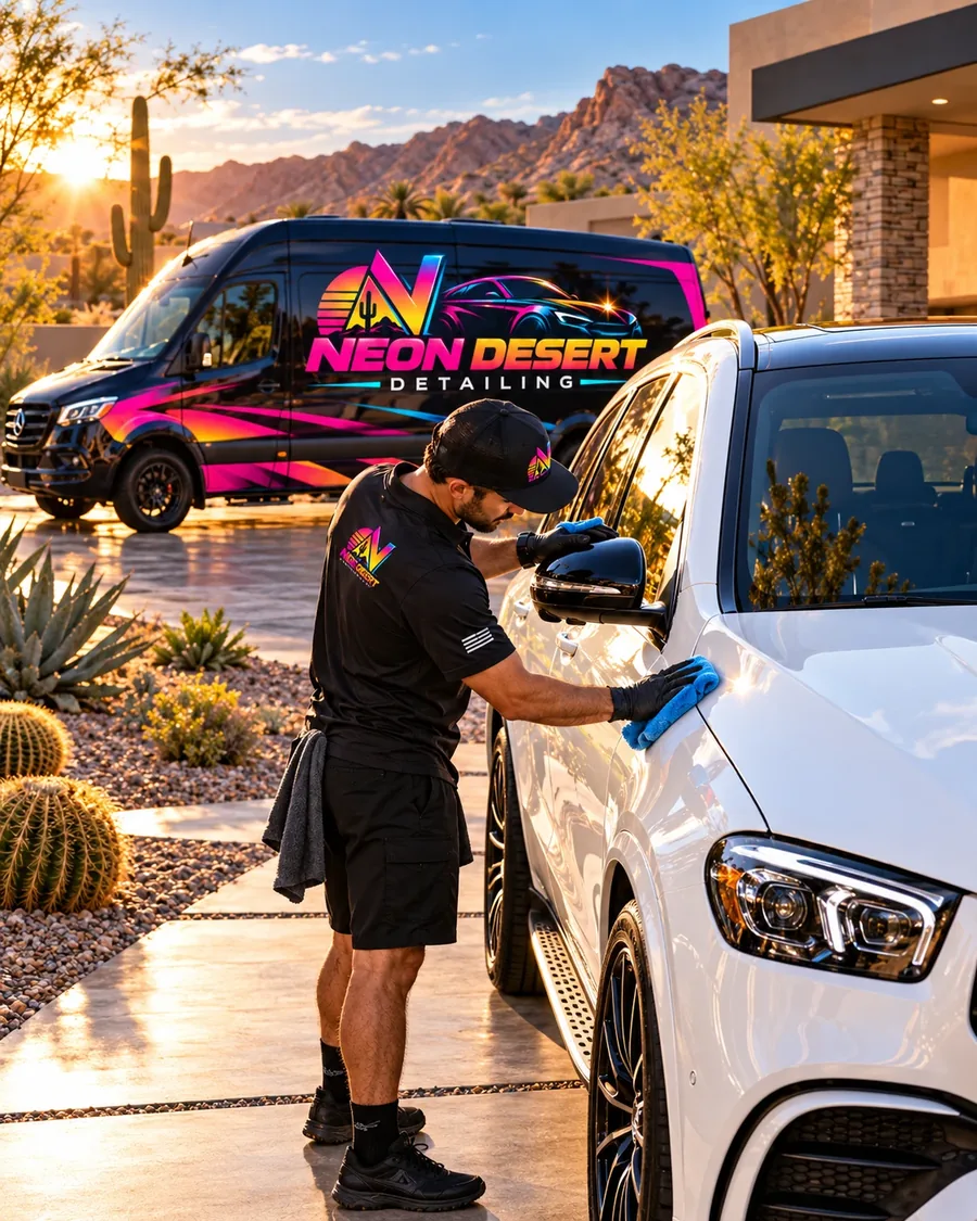 A detailer wiping the mirror and door of a white SUV