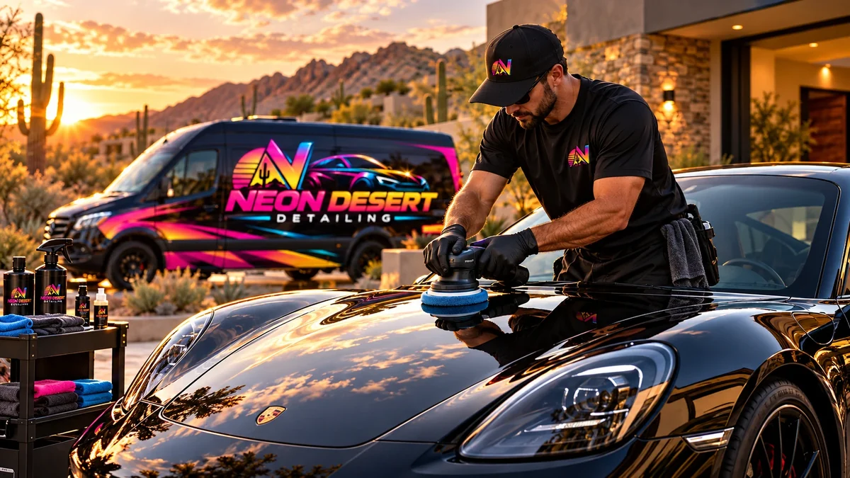 Machine polishing the hood of a black Porsche during paint correction