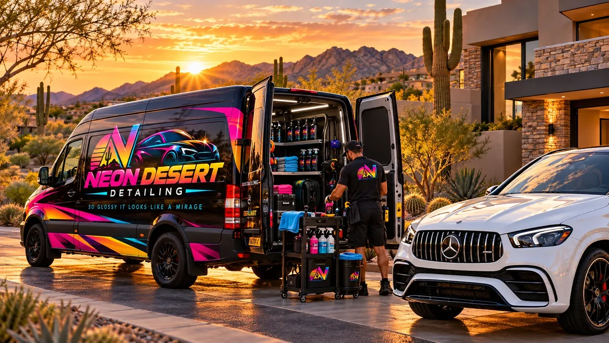 The Neon Desert van with its rear doors open, showing the on-board water, power and product shelves