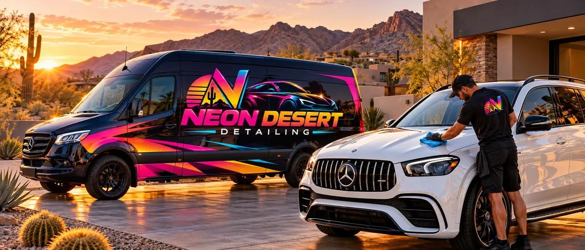 The Neon Desert van parked behind a freshly detailed white SUV at golden hour