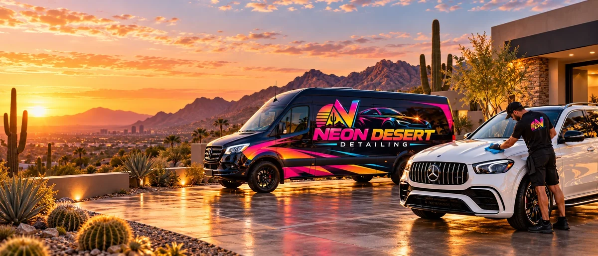 The Neon Desert van in a desert driveway at sunset, a detailer working on a white SUV